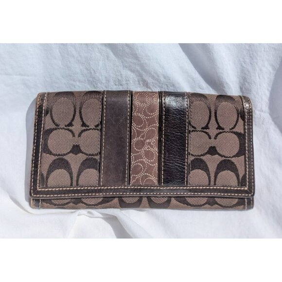 Vintage Coach Signature Stripe Canvas Leather Bifold Wallet Chocolate Brown - Picture 1 of 12